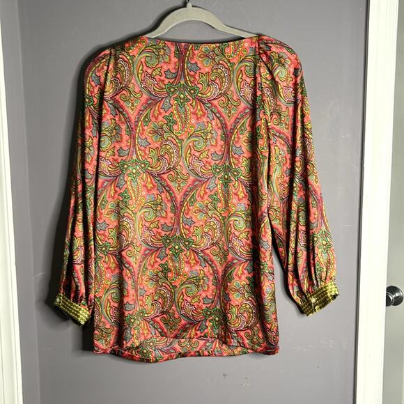 Loft Pink and Green Paisley Print Long Sleeve Silky Blouse Size Small - Picture 8 of 8